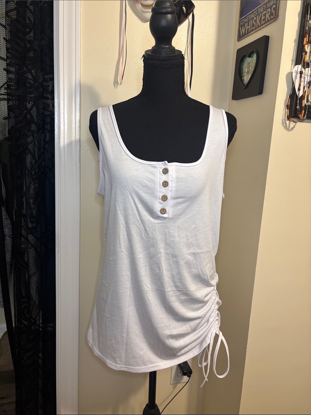 Women’s White Ruched Tank Top with Button Detail